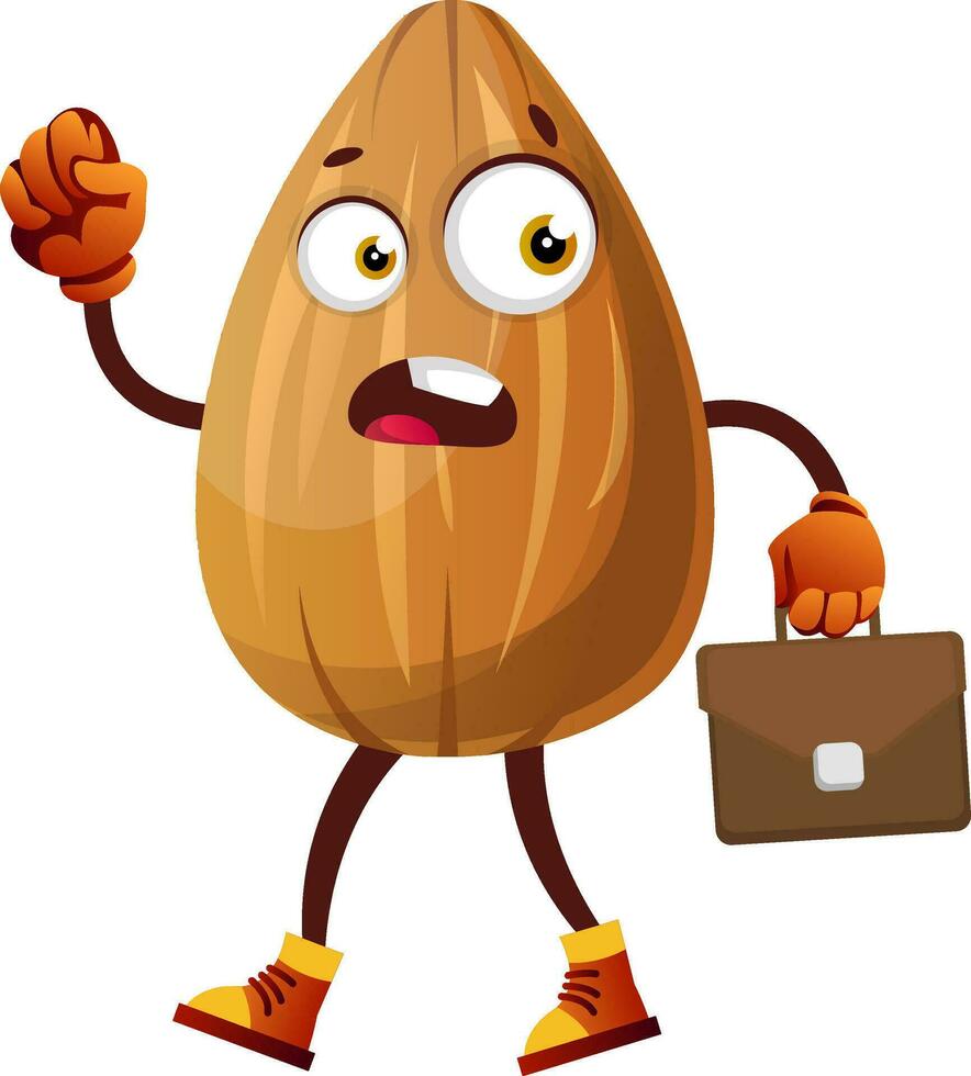 Almond going to work with brown briefcase in his hands, illustration, vector on white background.