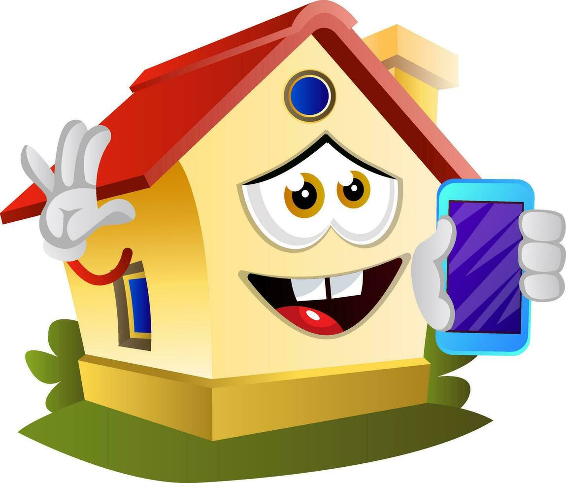 House is holding mobile phone, illustration, vector on white background.