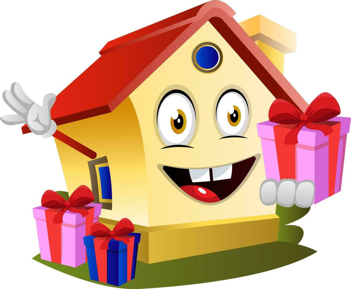 House is holding present, illustration, vector on white background.