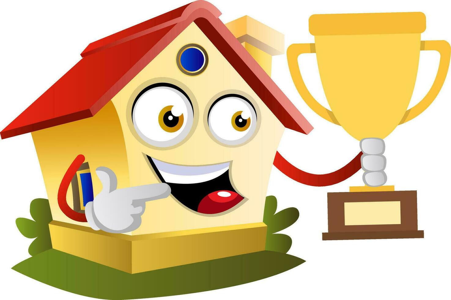 House is pointing on a winning trophy, illustration, vector on white background.