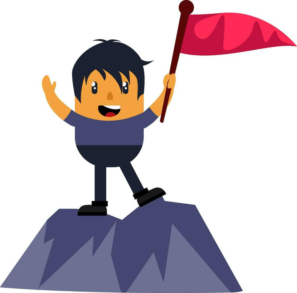 Man on mountain with flag, illustration, vector on white background.