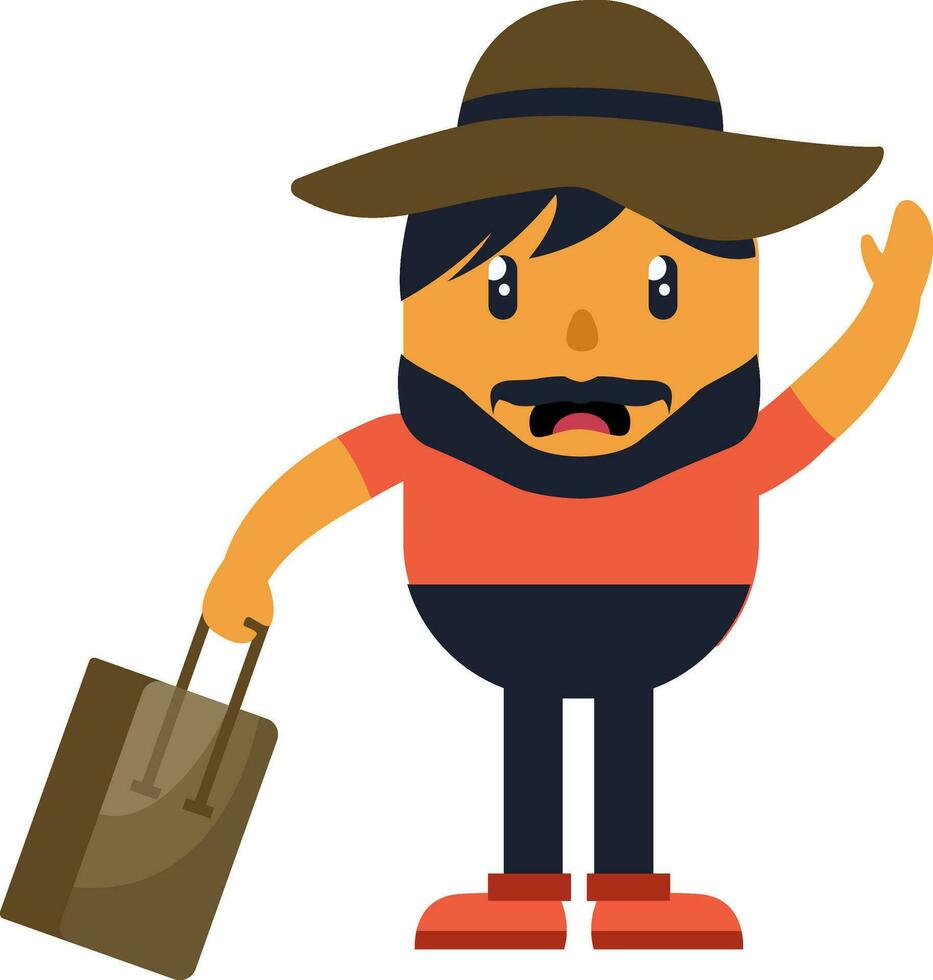 Man with hat holding a bag, illustration, vector on white background.