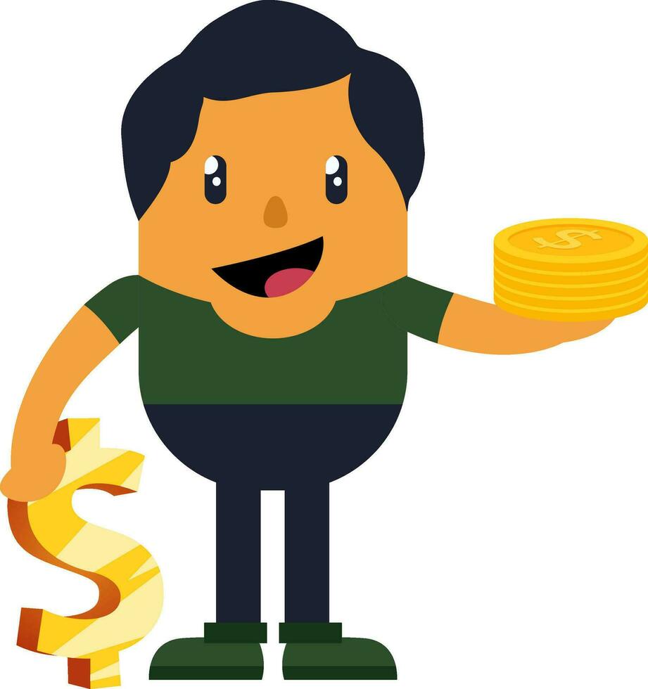 Man with coins, illustration, vector on white background.