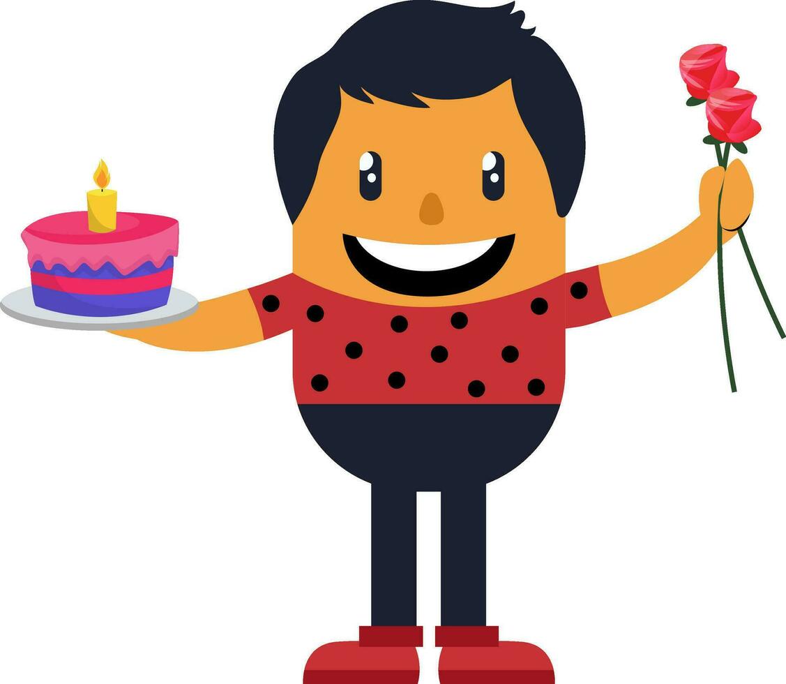 Romantic man with cake and roses, illustration, vector on white background.