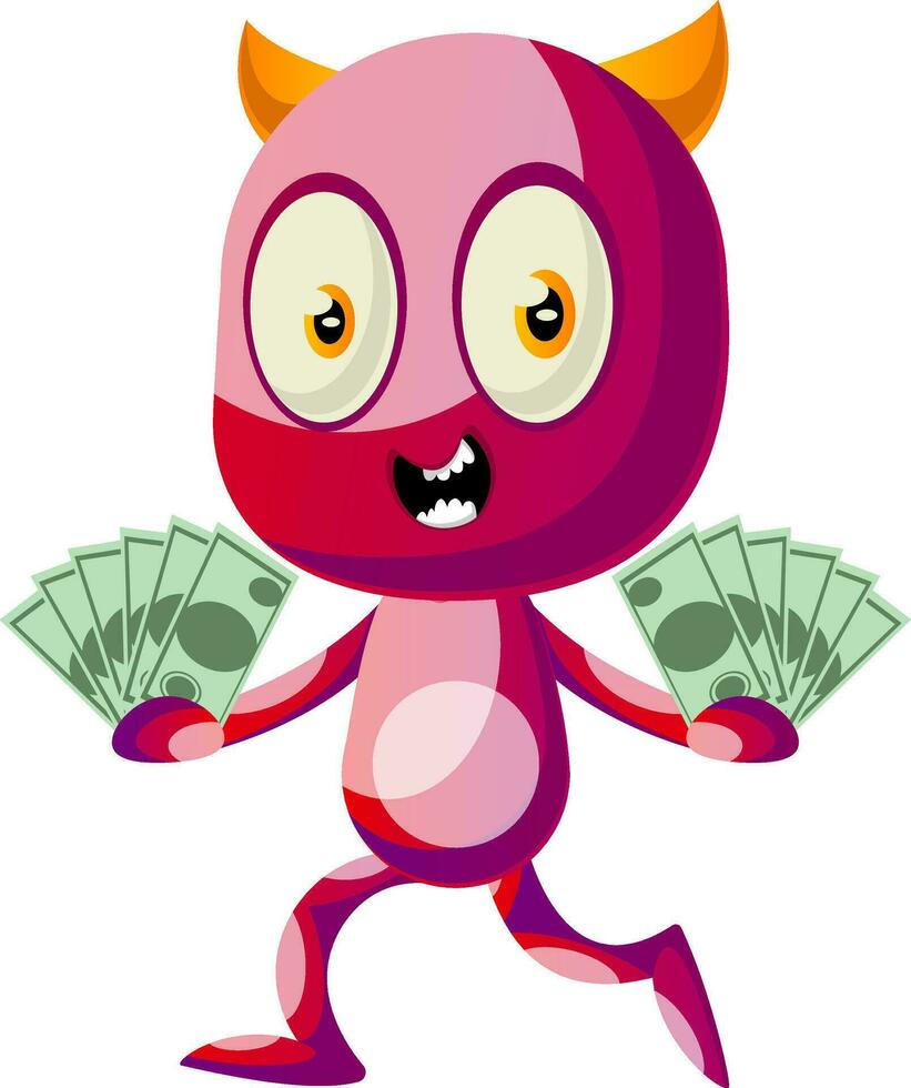 Devil with money, illustration, vector on white background.