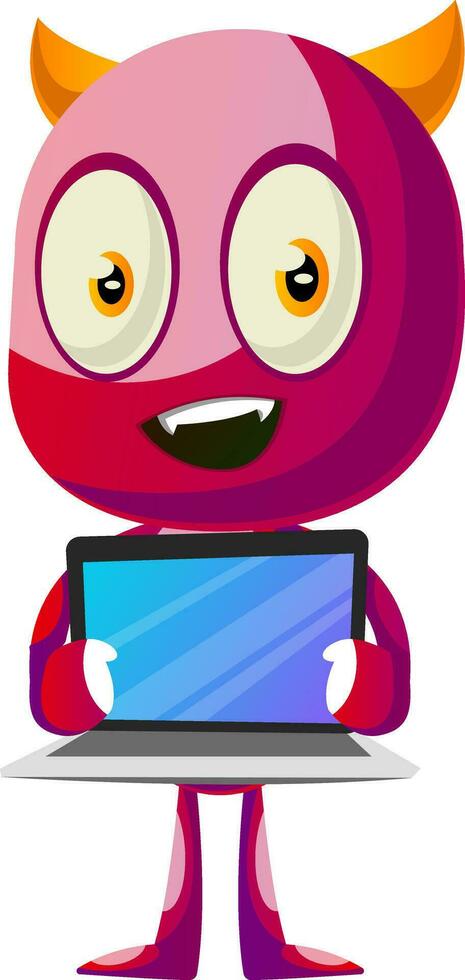 Devil with laptop, illustration, vector on white background.