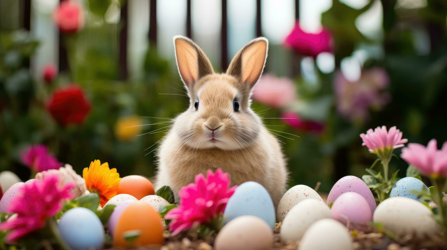 AI generated An adorable bunny rabbit sitting in a bed of flowers, surrounded by Easter eggs photo