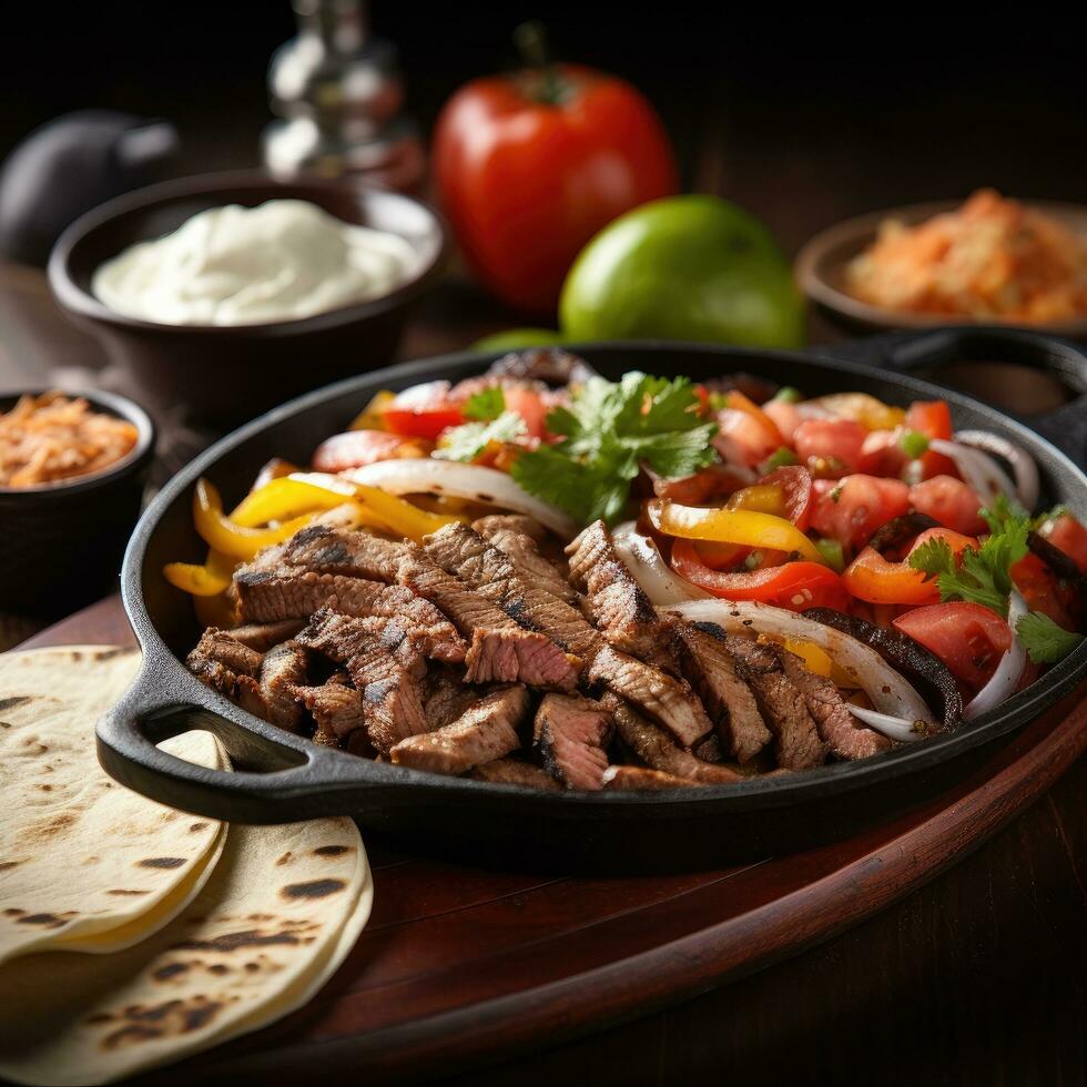 AI generated An appetizing photo of a sizzling plate of fajitas, served with warm tortillas, fresh pico de gallo