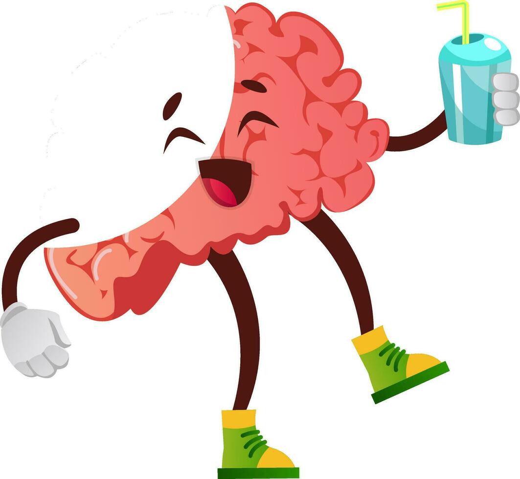 Brain is enjoying a soda, illustration, vector on white background.