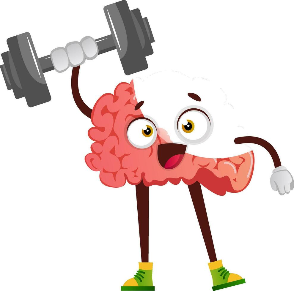 Brain lifting weights, illustration, vector on white background.