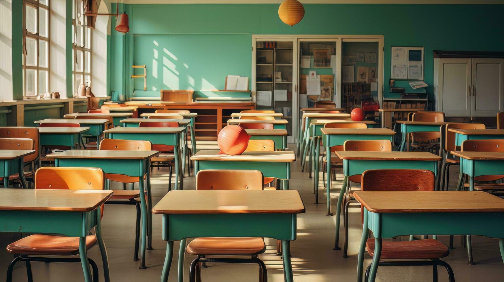 AI generated Empty classroom with chairs and tables. photo