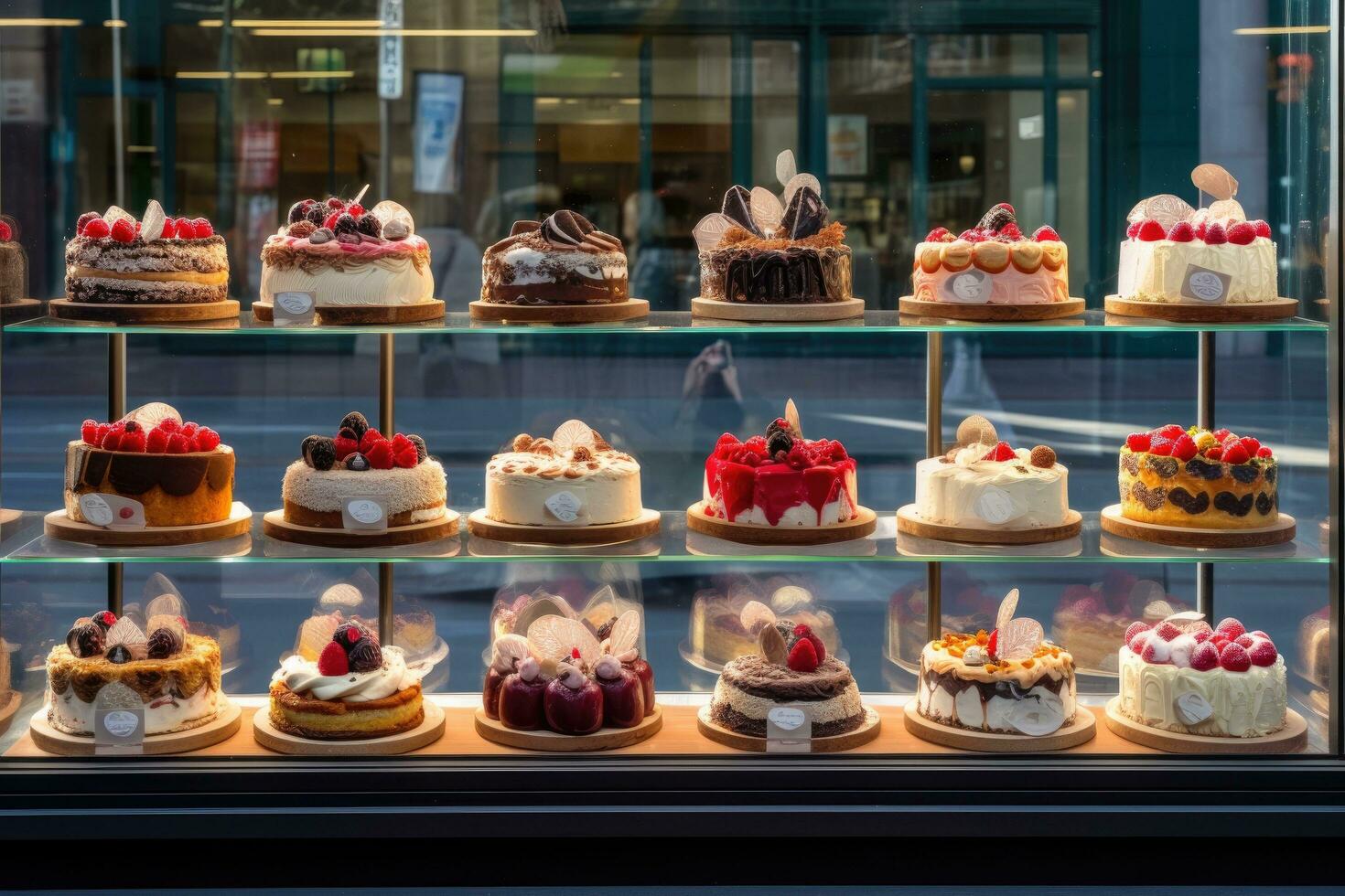 AI generated a window display of a variety of cakes, photo