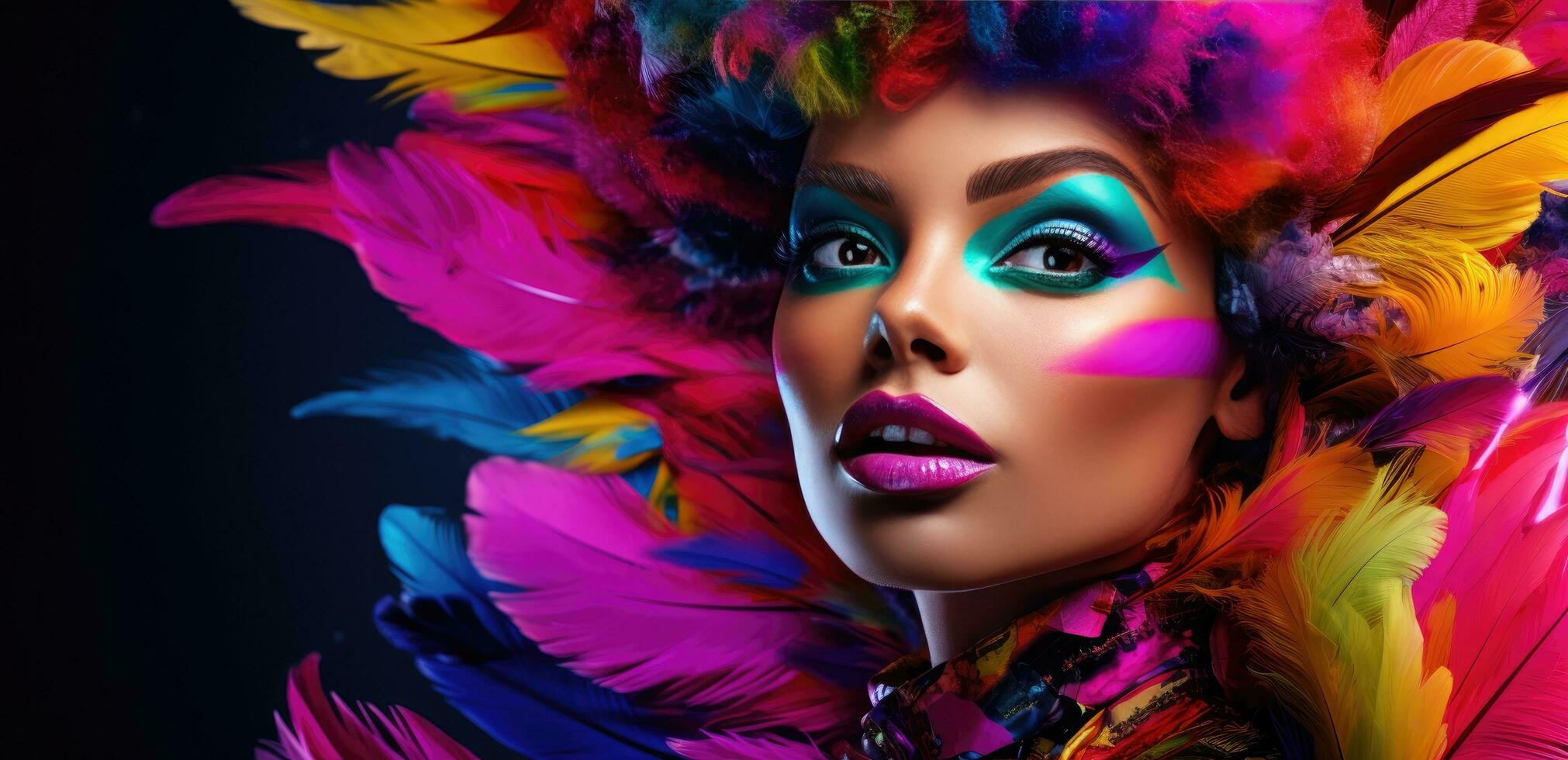 AI generated a woman with colorful feathers and bright makeup photo