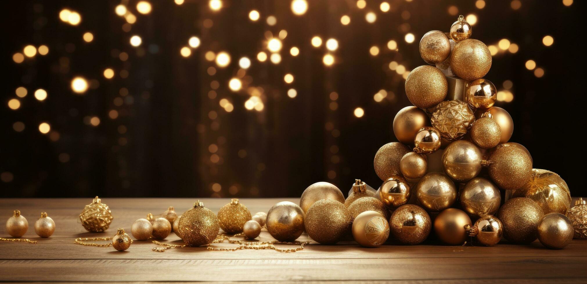 AI generated a wooden table in front of a christmas tree with gold balls photo
