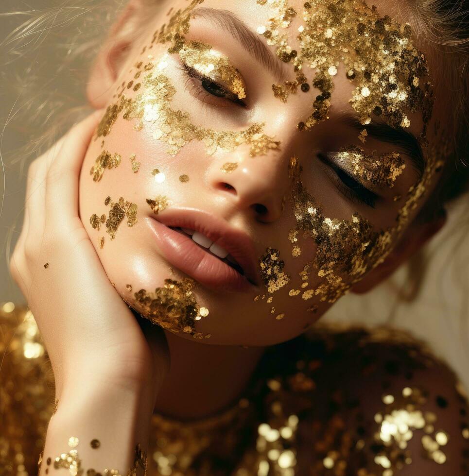 AI generated a young woman with golden glitter eyeshadow on her face photo