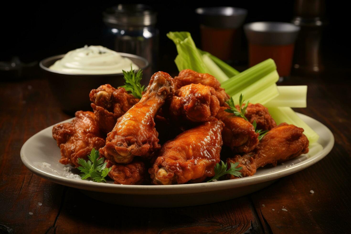 AI generated crispy fried chicken wings, served with a side of creamy blue cheese dressing and celery sticks photo