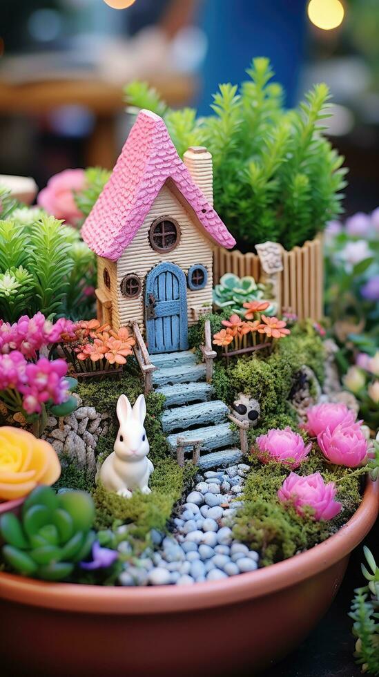 AI generated A whimsical image of a fairy garden, complete with miniature houses, flowers, photo