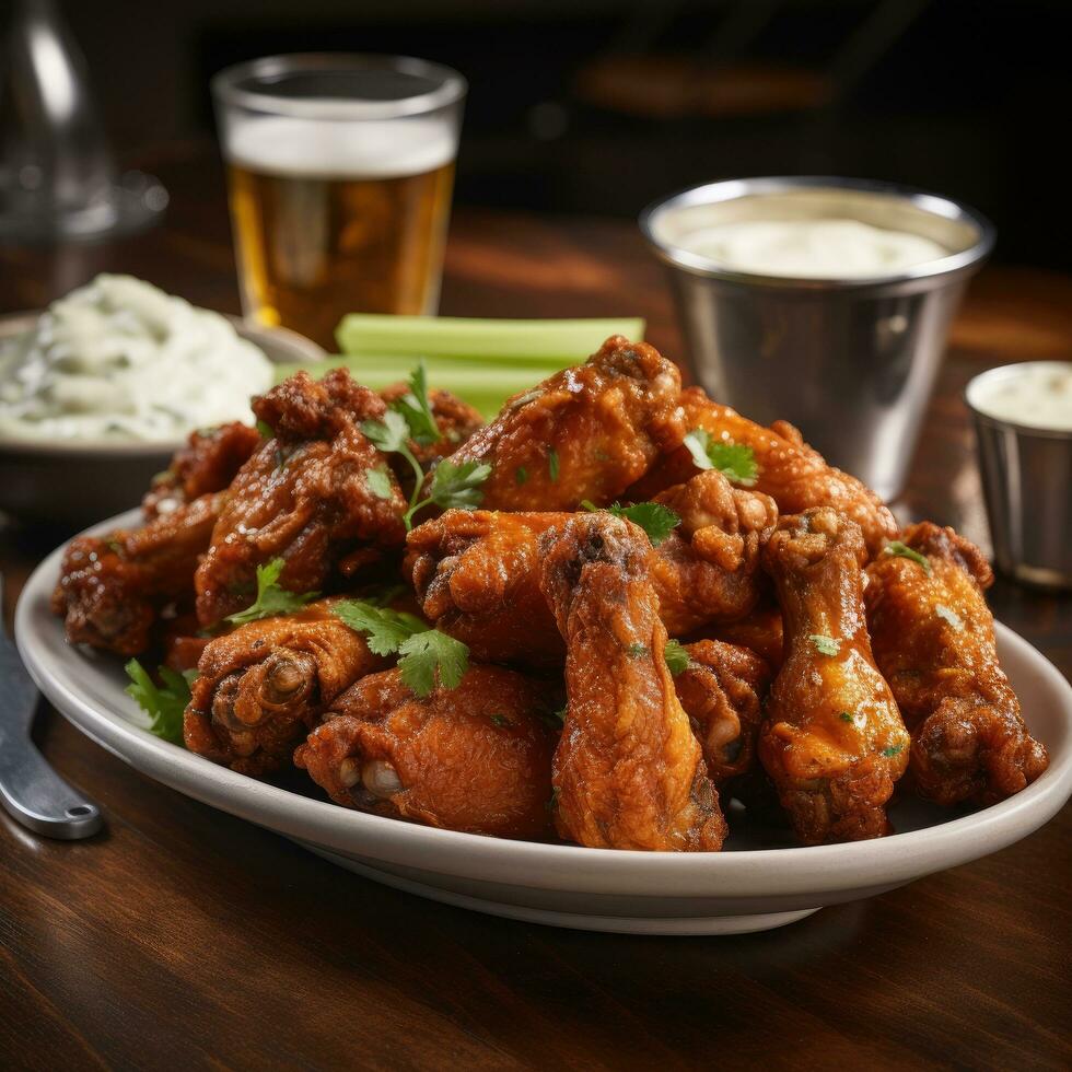 AI generated crispy fried chicken wings, served with a side of creamy blue cheese dressing and celery sticks photo