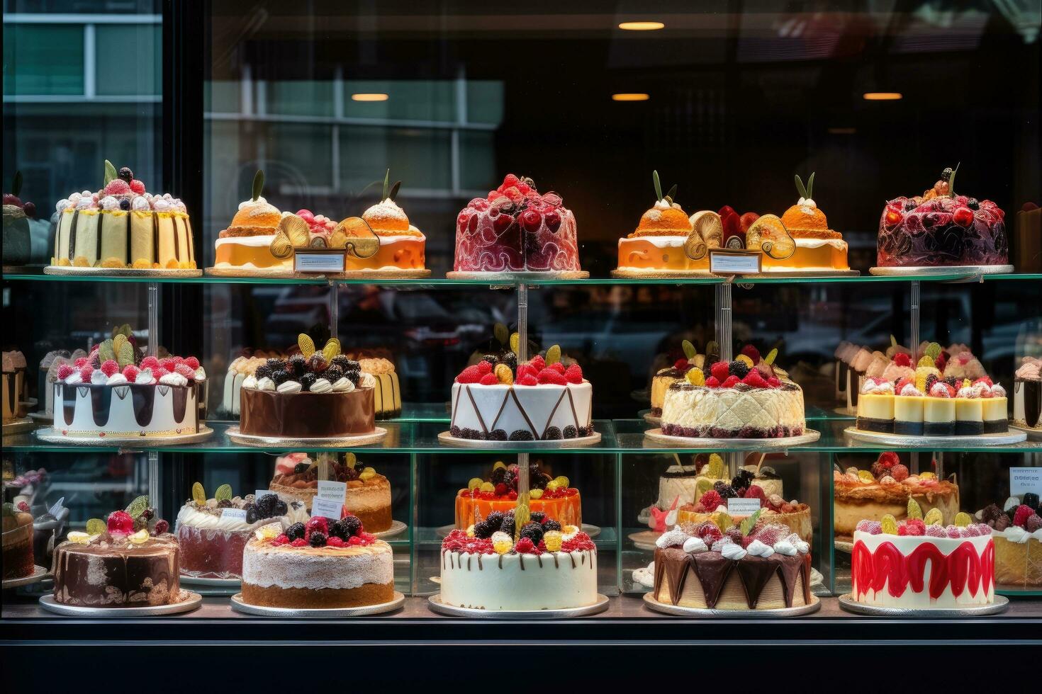 AI generated a window display of a variety of cakes, photo