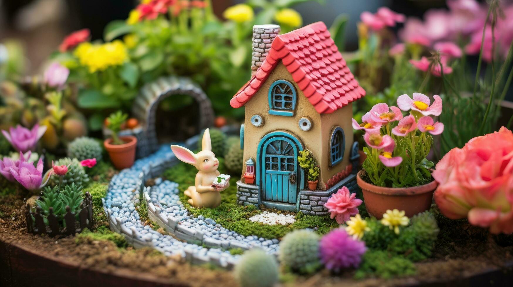 AI generated A whimsical image of a fairy garden, complete with miniature houses, flowers, photo