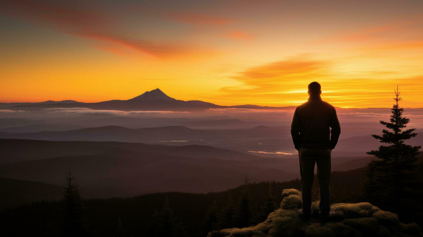 AI generated A person standing on a mountain top, looking out at a beautiful sunset photo