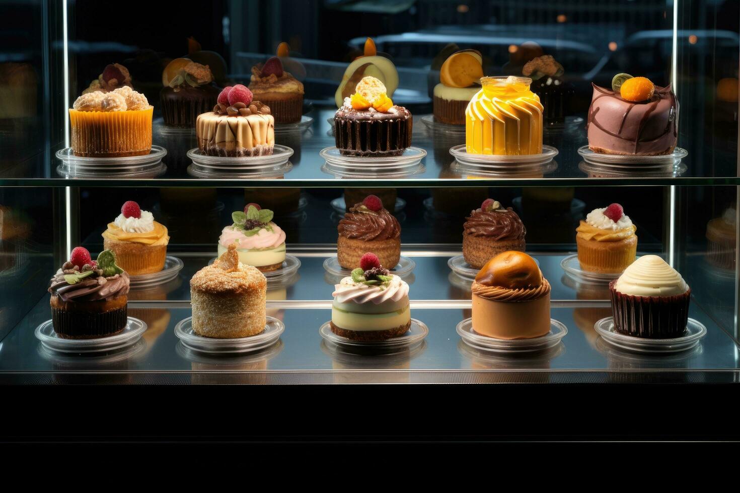 AI generated pastries in a display case, photo