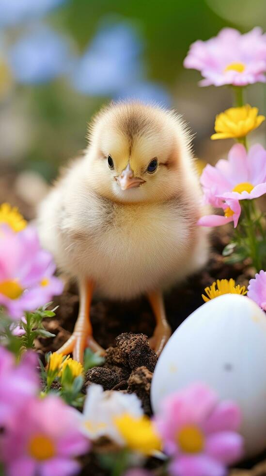 AI generated a cute chick hatching out of a speckled egg photo