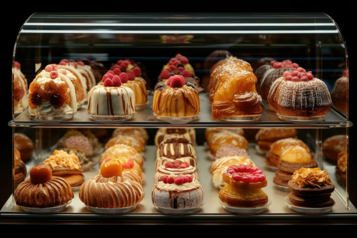 AI generated pastries in a display case, photo