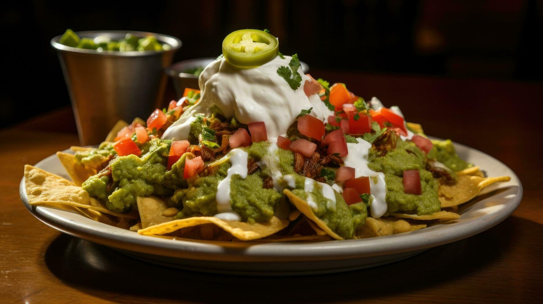 AI generated A mouth-watering image of a heaping plate of loaded nachos photo