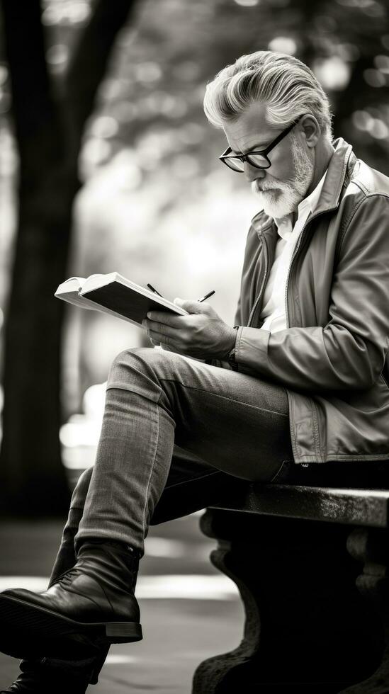 AI generated A man sitting on a bench, reading a book about investing and looking thoughtful photo