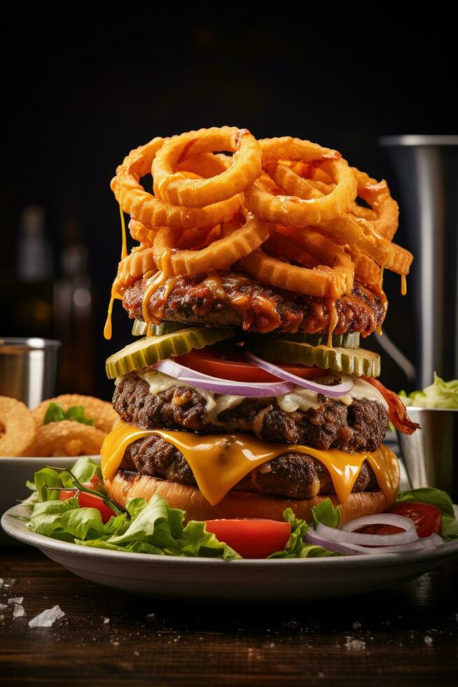 AI generated A mouth-watering image of a juicy hamburger piled high with lettuce, tomato, and cheese photo