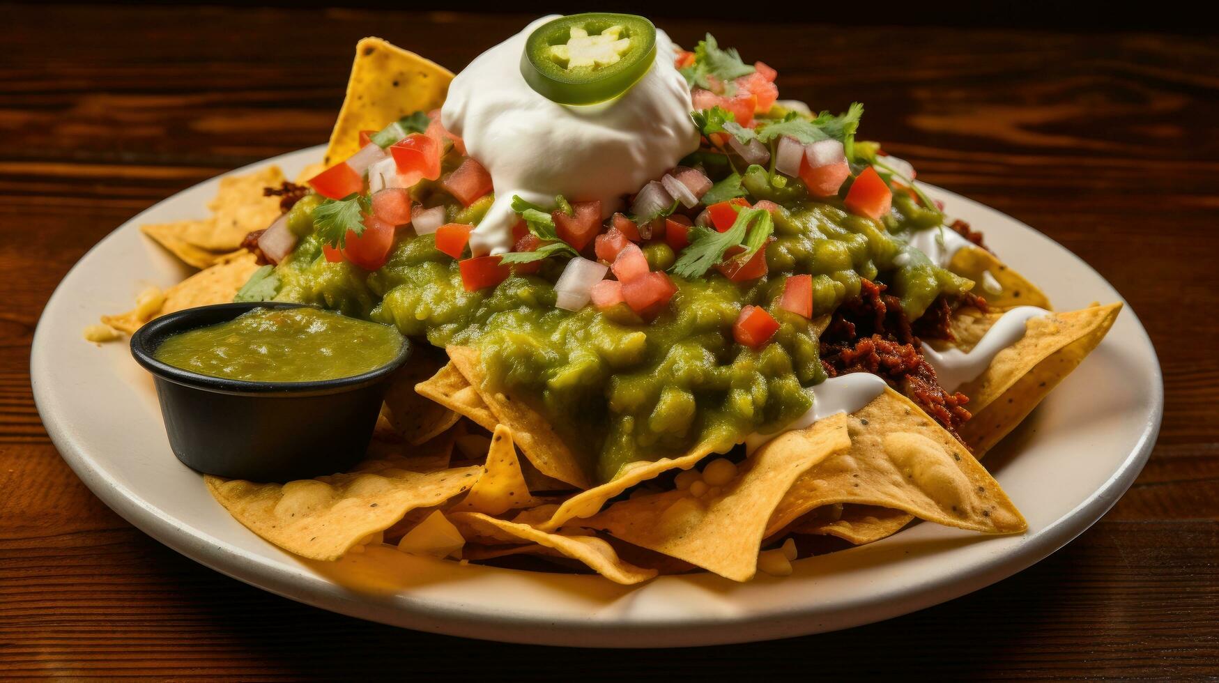 AI generated A mouth-watering image of a heaping plate of loaded nachos photo