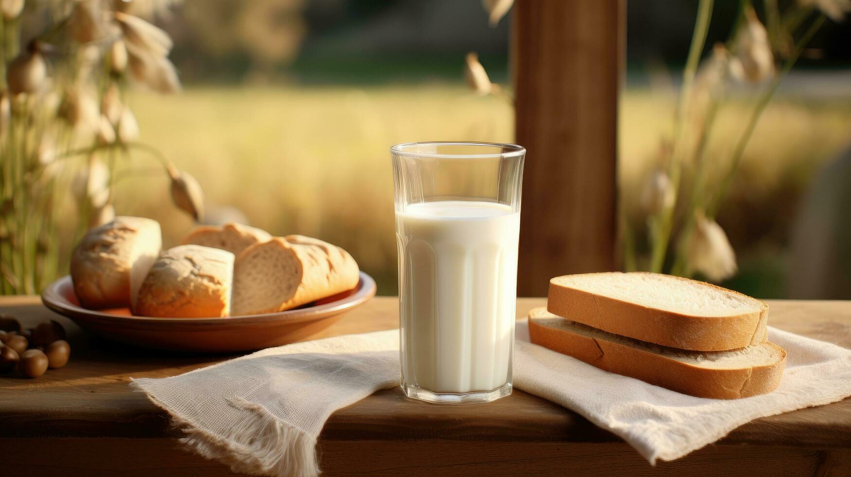 ai generado un vaso de Leche y un pan son en un bandeja en un granja foto