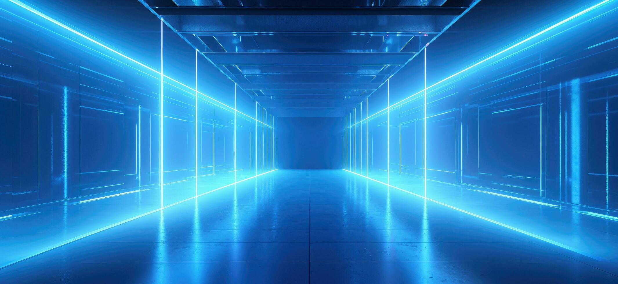 AI generated a hallway hallway with bright lights and a large blue reflection photo