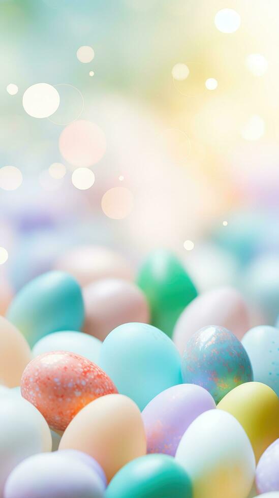 AI generated A colorful spring background with pastel-colored Easter eggs scattered throughout the image photo