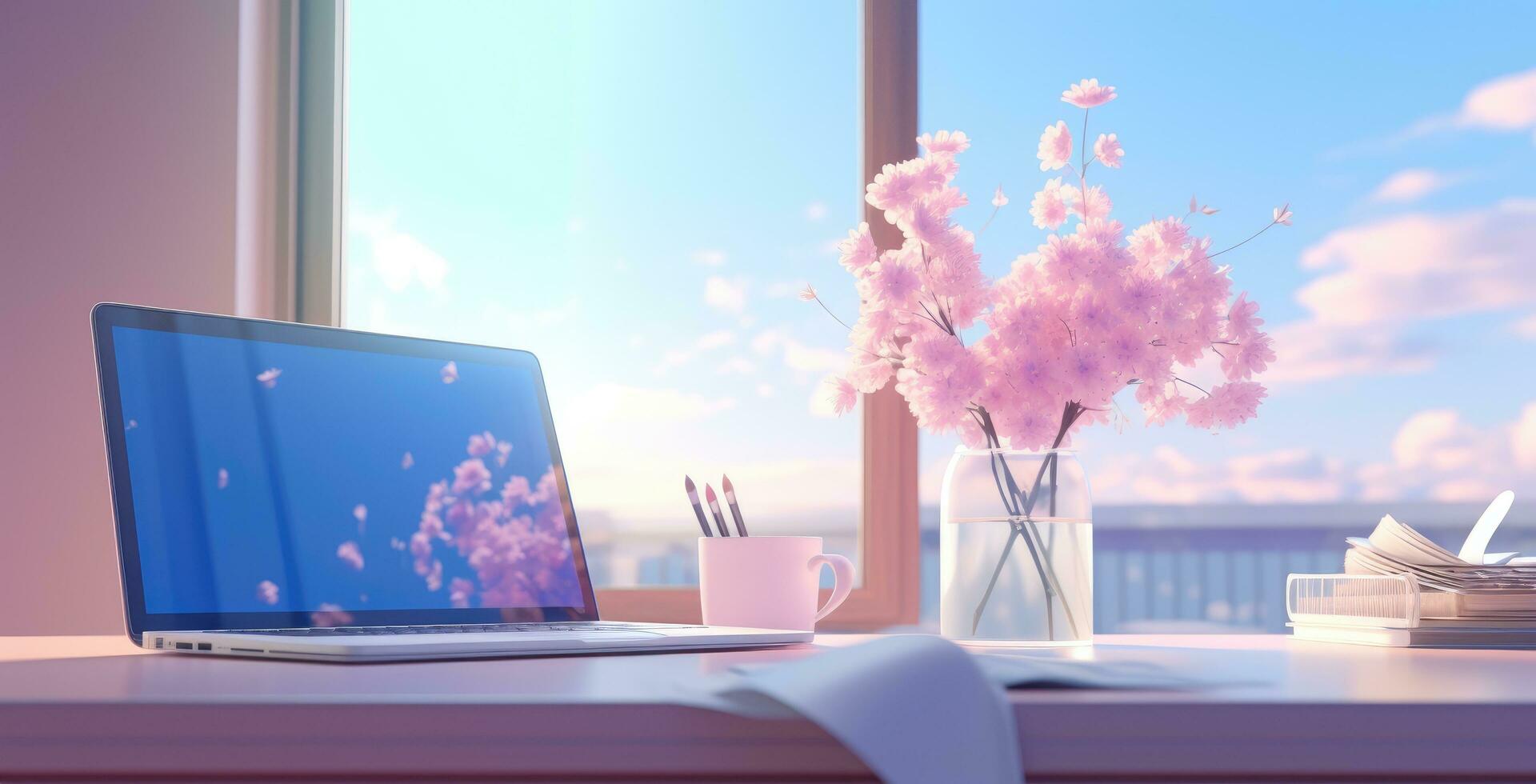 AI generated a desk is filled with flowers sitting next to a computer, photo