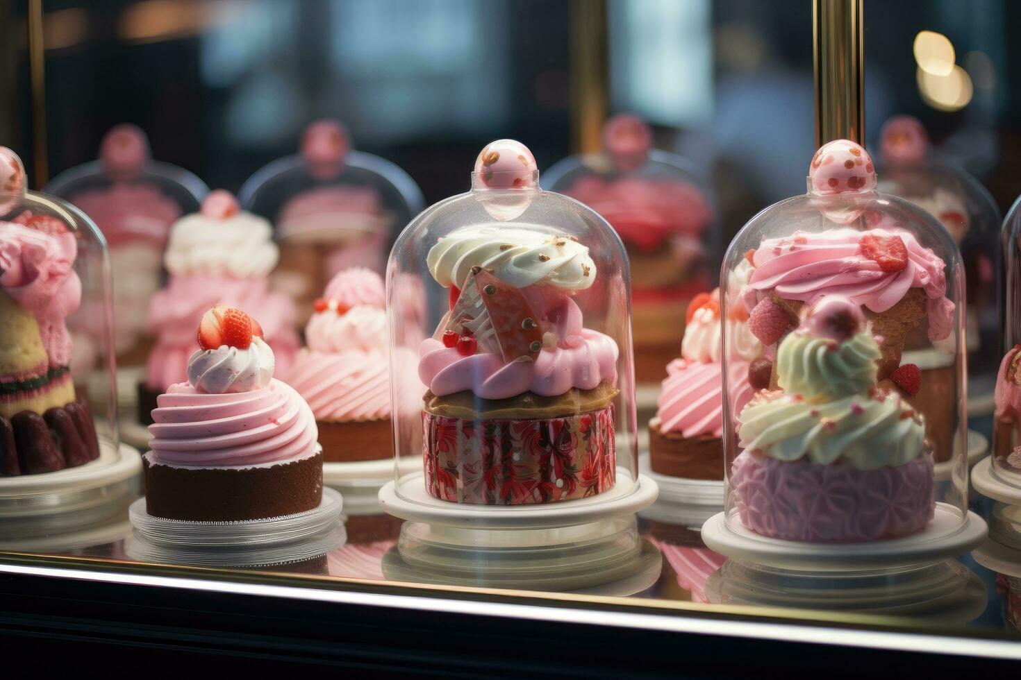 AI generated a display of cakes in a glass case, photo