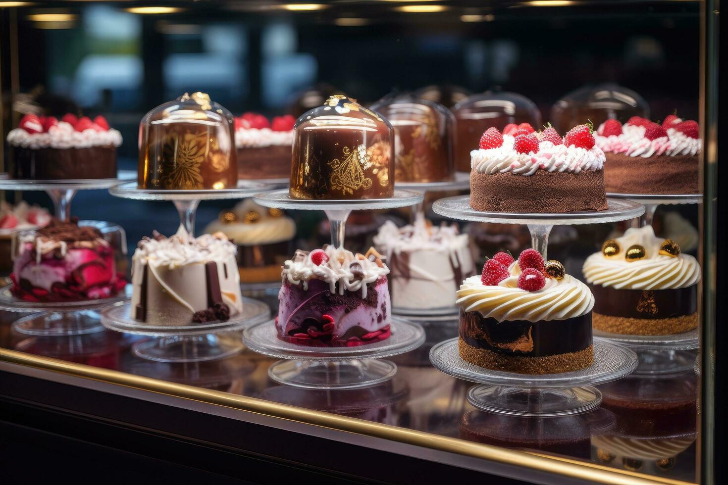 AI generated a display of cakes in a glass case, photo