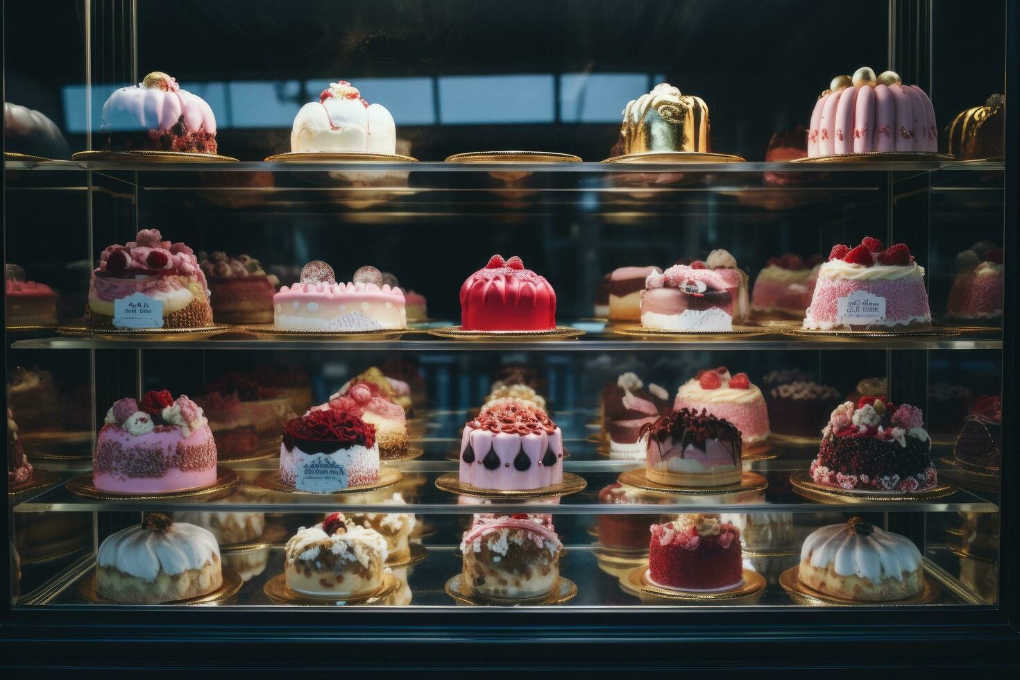 AI generated a display of cakes in a glass case, photo