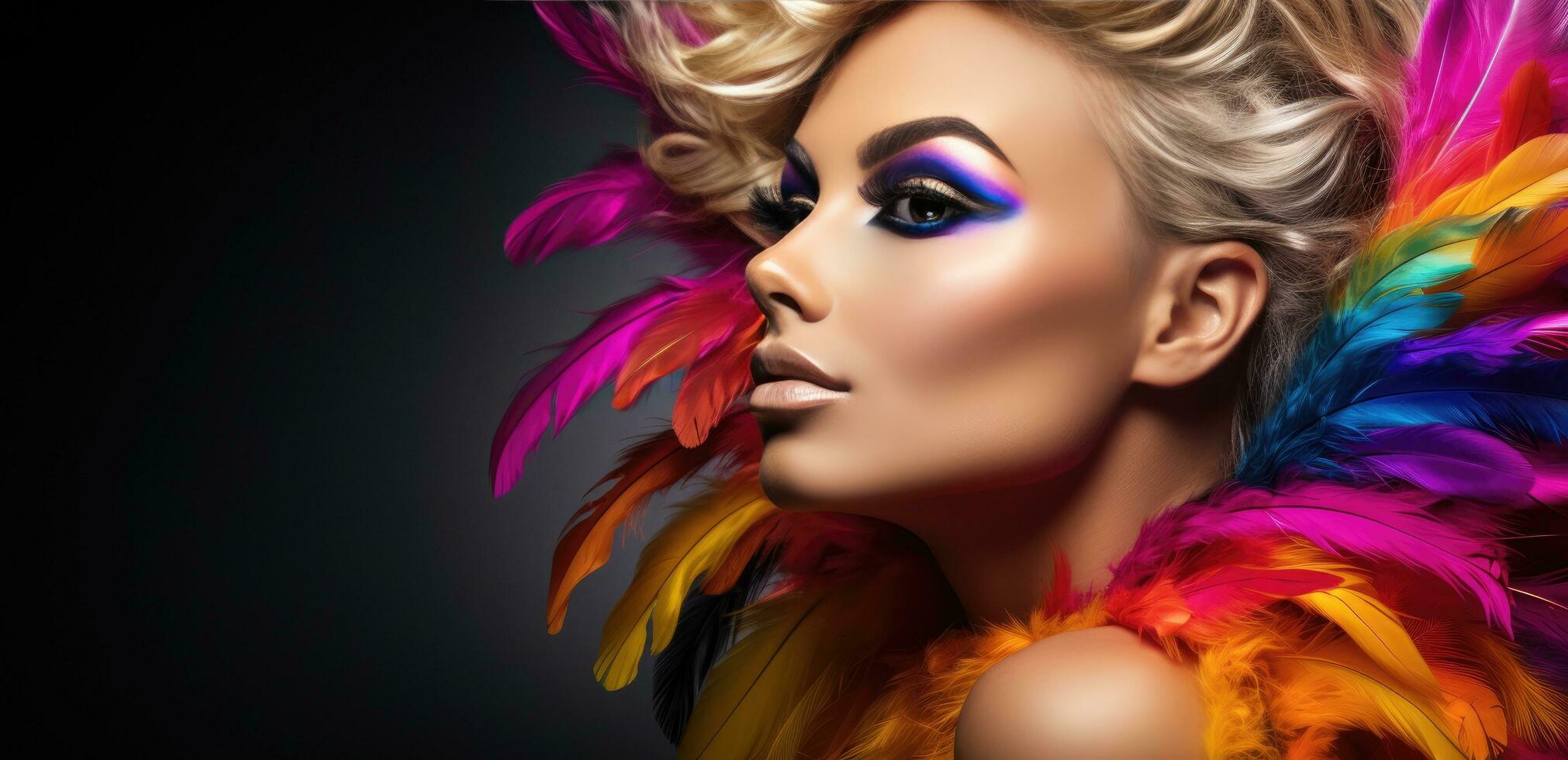 AI generated a lady with multicolored feather makeup posing with colorful photo