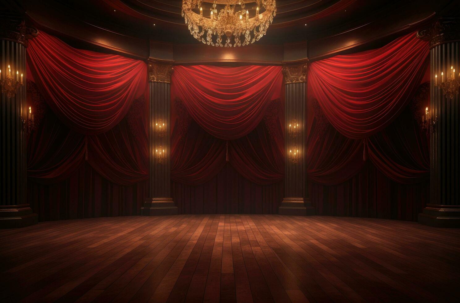 AI generated a cinematic stage with red curtains, lights, wood floors and spotlights photo