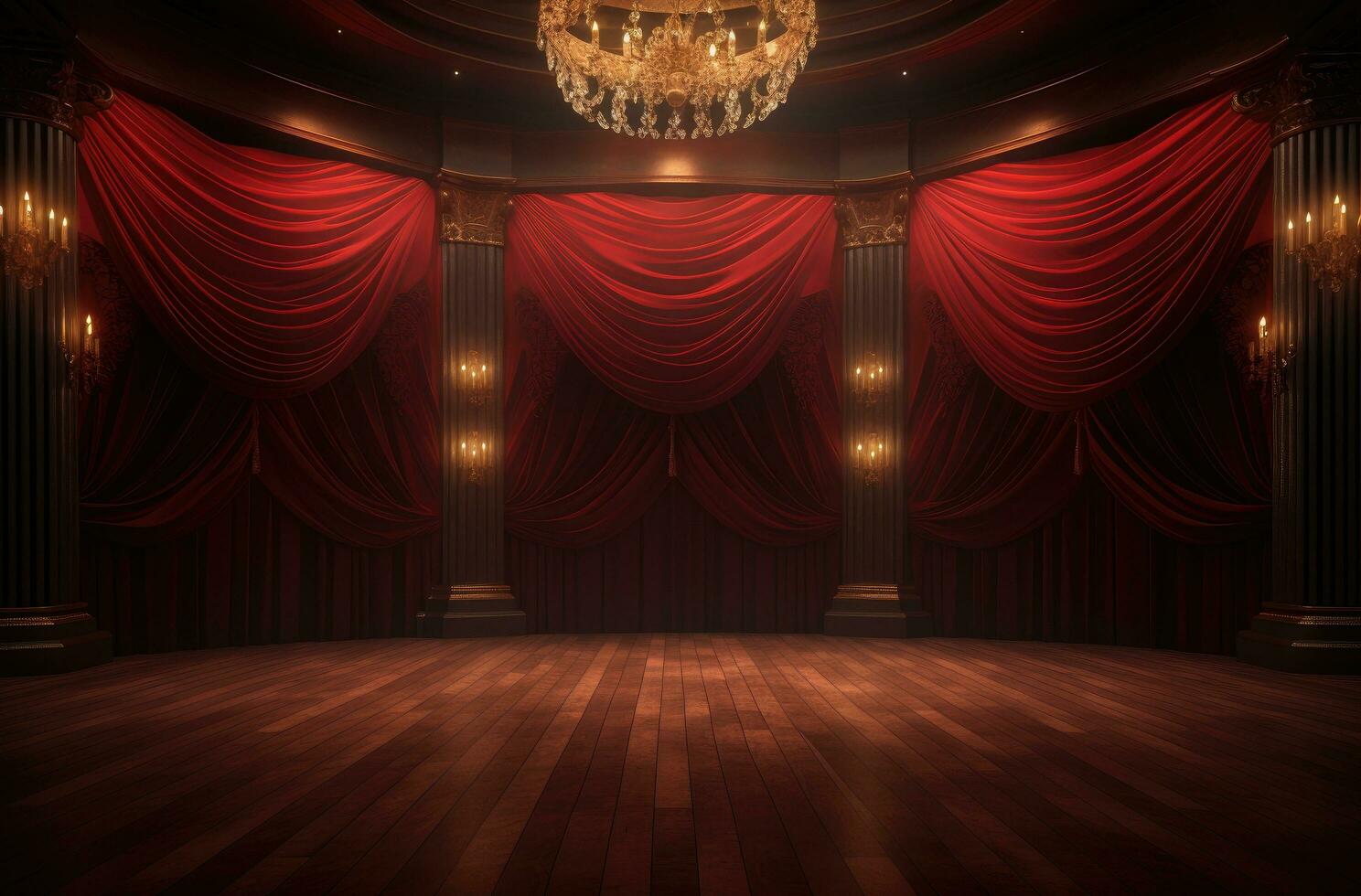 AI generated a cinematic stage with red curtains, lights, wood floors and spotlights photo