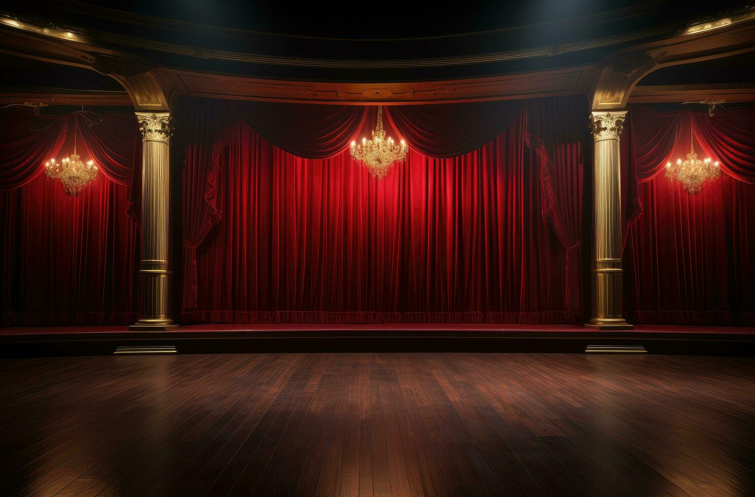 AI generated a cinematic stage with red curtains, lights, wood floors and spotlights photo