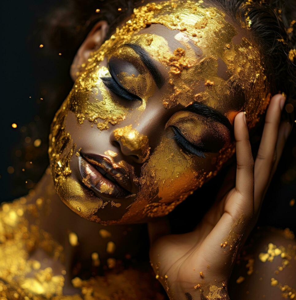 AI generated a female with gold glitter covering her face photo