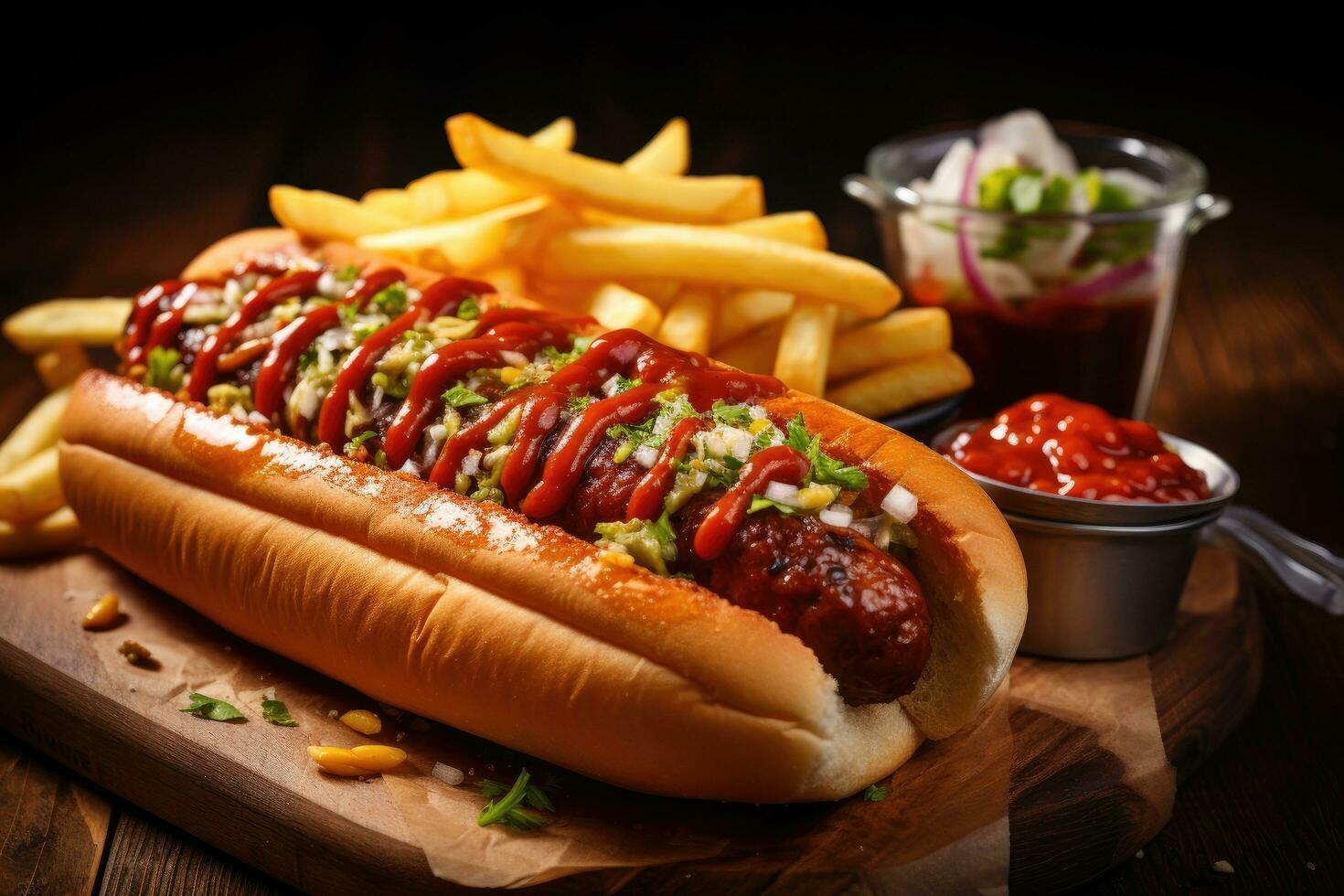 AI generated A closeup shot of a delicious hot dog covered in ketchup