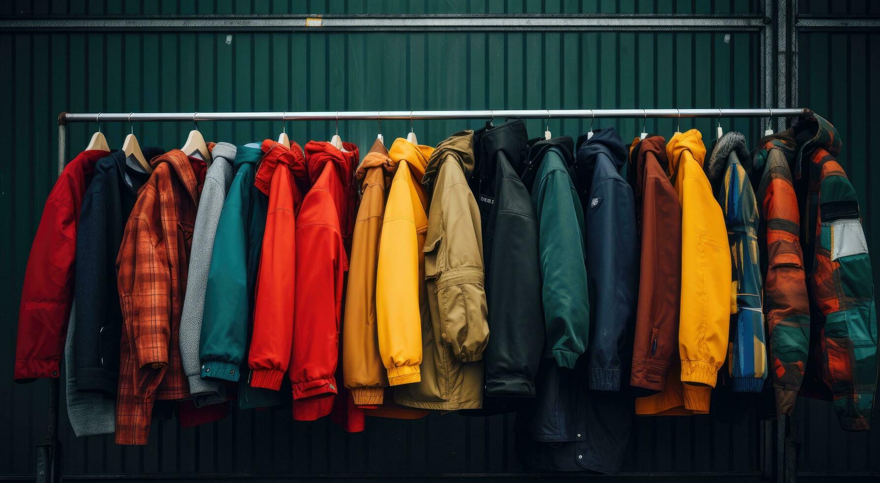 AI generated a bunch of jackets, coats on a rack photo