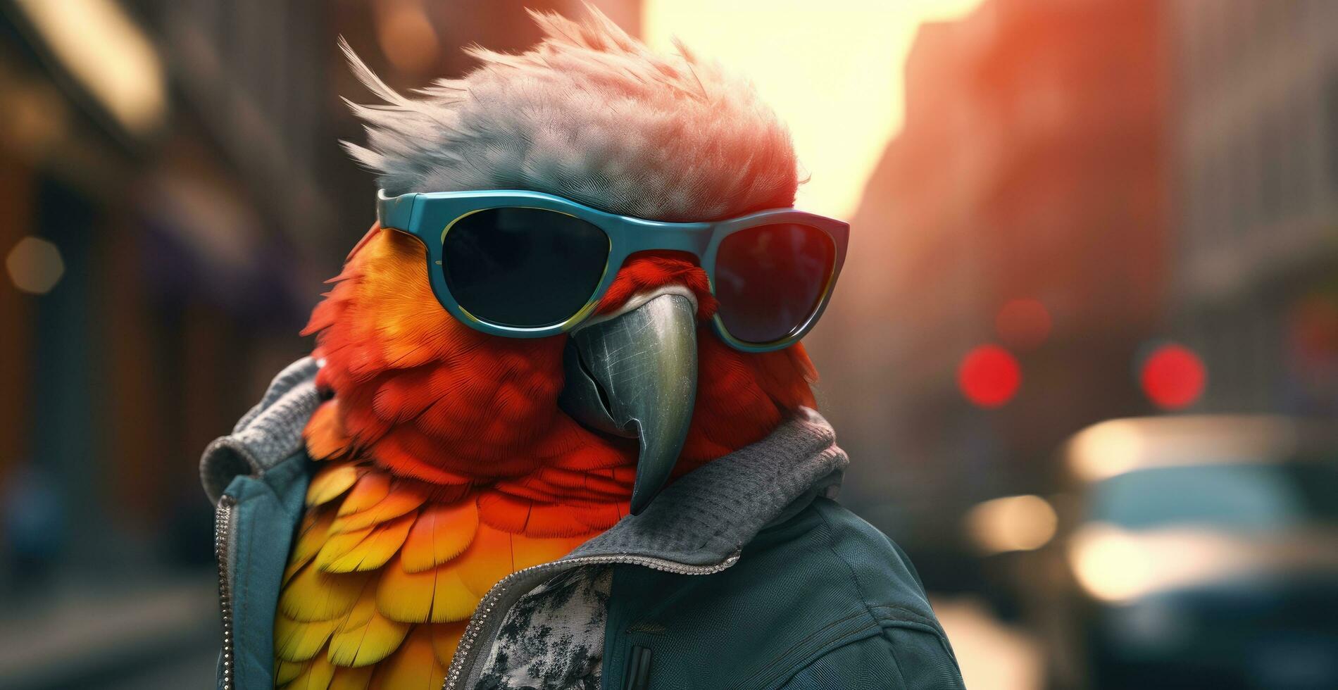 AI generated a colorful parrot with sunglasses on the street photo