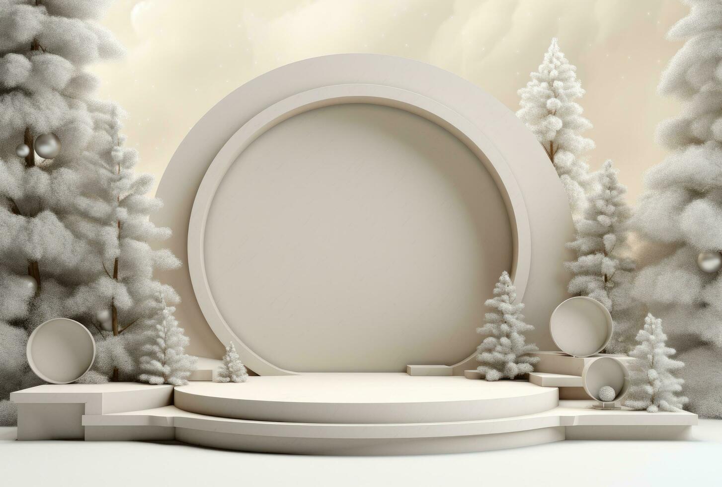 AI generated christmas stage backdrop indoors, round tree on stage with tree stumps in the middle photo