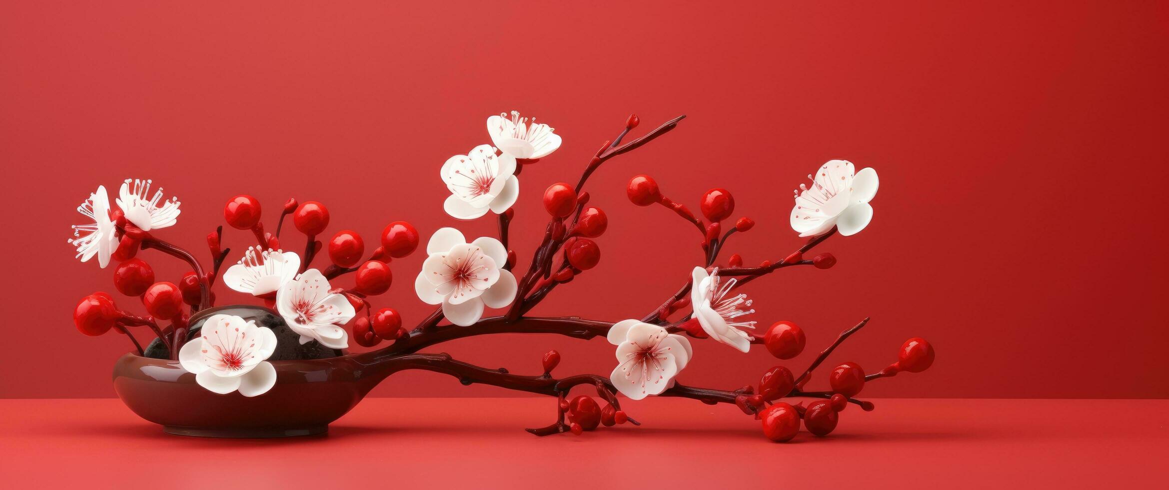 AI generated a branch of cherry blossoms on red background photo