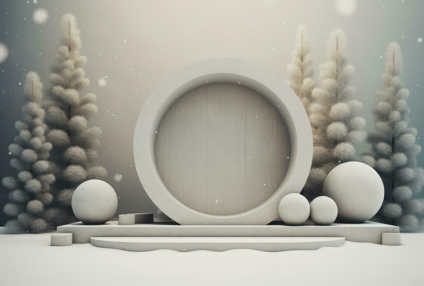 AI generated christmas stage backdrop indoors, round tree on stage with tree stumps in the middle photo